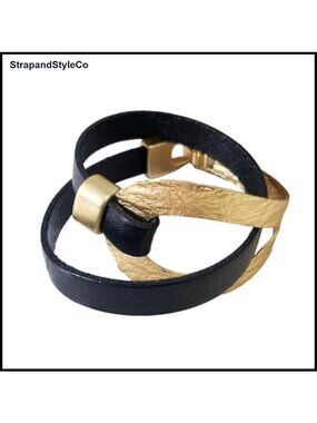 Leather Wrap Bangle Bracelet 14k Gold Plated Boho Cuff